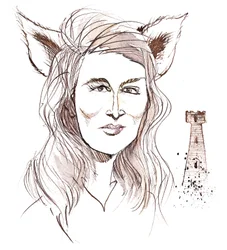 Angela Carter, engelsk författare och journalist; karikerad med vargöron med hänvisning till hennes berättelse The Company of Wolves från boken The Bloody Chamber (1979)
